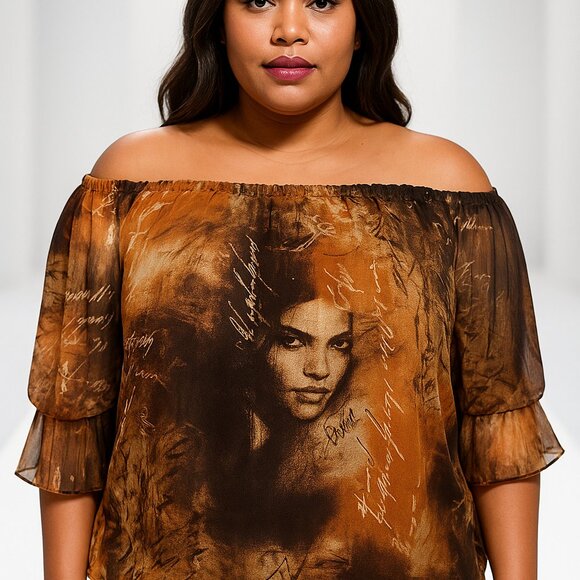 Off-shoulder Multi Print Blouse with Flounce Sleeves & Elastic Cuffs - Picture 2 of 8